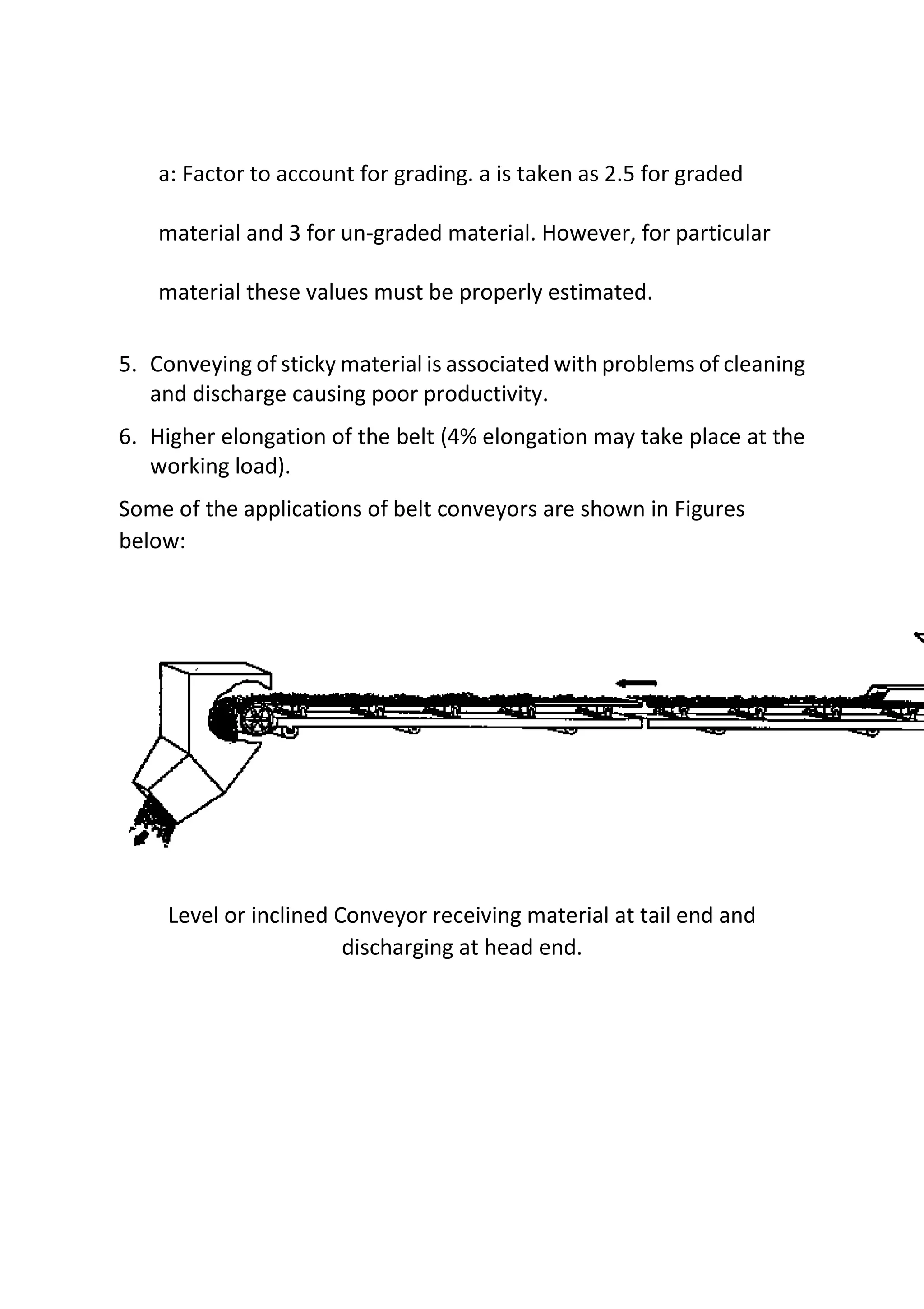a: Factor to account for grading. a is taken as 2.5 for graded
material and 3 for un-graded material. However, for particular
material these values must be properly estimated.
5. Conveying of sticky material is associated with problems of cleaning
and discharge causing poor productivity.
6. Higher elongation of the belt (4% elongation may take place at the
working load).
Some of the applications of belt conveyors are shown in Figures
below:
Level or inclined Conveyor receiving material at tail end and
discharging at head end.
 