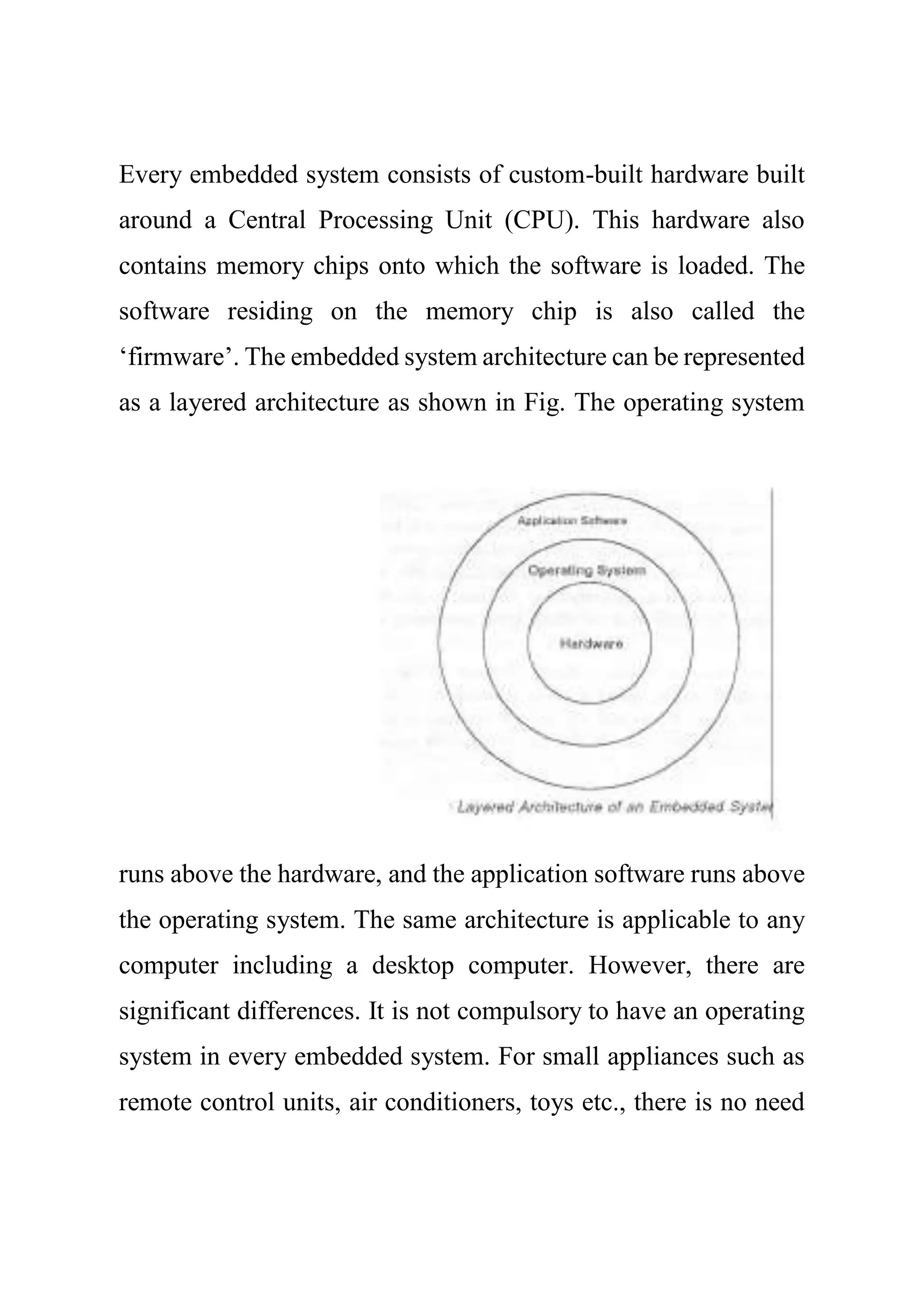 Every embedded system consists of custom-built hardware built
around a Central Processing Unit (CPU). This hardware also
contains memory chips onto which the software is loaded. The
software residing on the memory chip is also called the
‘firmware’. The embedded system architecture can be represented
as a layered architecture as shown in Fig. The operating system
runs above the hardware, and the application software runs above
the operating system. The same architecture is applicable to any
computer including a desktop computer. However, there are
significant differences. It is not compulsory to have an operating
system in every embedded system. For small appliances such as
remote control units, air conditioners, toys etc., there is no need
 