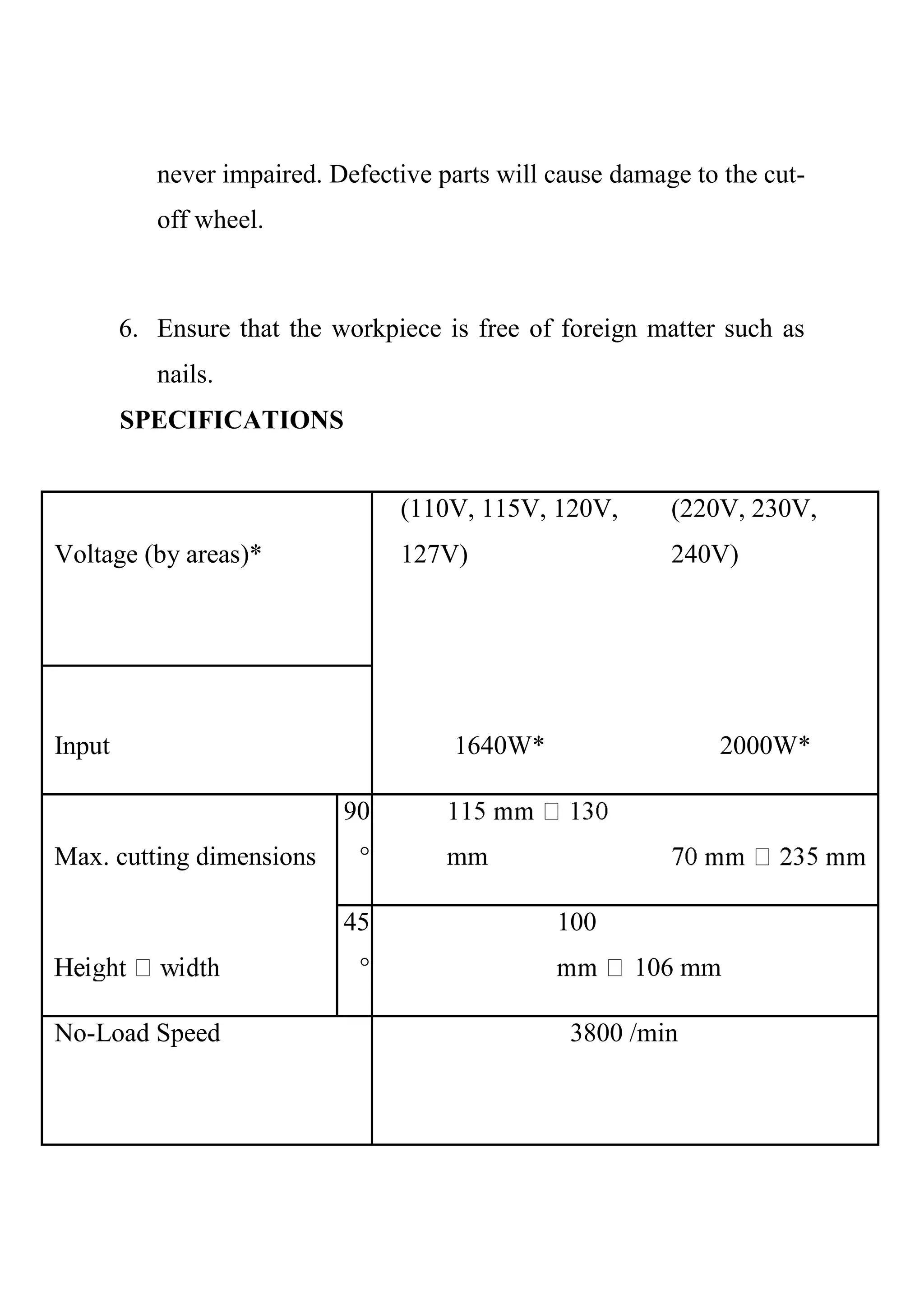 never impaired. Defective parts will cause damage to the cut-
off wheel.
6. Ensure that the workpiece is free of foreign matter such as
nails.
SPECIFICATIONS
Voltage (by areas)*
(110V, 115V, 120V,
127V)
(220V, 230V,
240V)
Input 1640W* 2000W*
Max. cutting dimensions
90
° mm
45
°
100
106 mm
No-Load Speed 3800 /min
 
