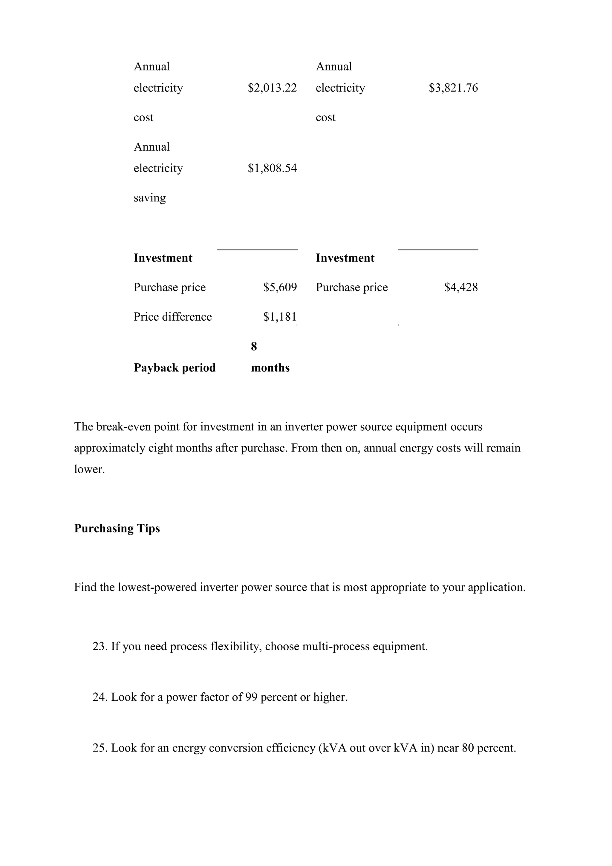 Annual
electricity $2,013.22
Annual
electricity $3,821.76
cost cost
Annual
electricity $1,808.54
saving
Investment Investment
Purchase price $5,609 Purchase price $4,428
Price difference $1,181
Payback period
8
months
The break-even point for investment in an inverter power source equipment occurs
approximately eight months after purchase. From then on, annual energy costs will remain
lower.
Purchasing Tips
Find the lowest-powered inverter power source that is most appropriate to your application.
23. If you need process flexibility, choose multi-process equipment.
24. Look for a power factor of 99 percent or higher.
25. Look for an energy conversion efficiency (kVA out over kVA in) near 80 percent.
 