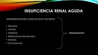 INSUFICIENCIA RENAL AGUDA
MANIFESTACIONES CLÍNICAS EN EL PACIENTE:
• Náuseas
• Vómito
• Malestar
• Alteraciones del sensorio
• Asterixis
• Convulsiones
Hiperazoemia
 