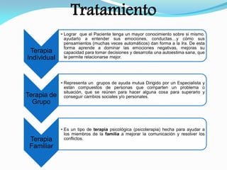 Tratamiento
Terapia
Individual
• Lograr que el Paciente tenga un mayor conocimiento sobre si mismo.
ayudarlo a entender sus emociones, conductas…y cómo sus
pensamientos (muchas veces automáticos) dan forma a la Ira. De esta
forma aprende a dominar las emociones negativas, mejoras su
capacidad para tomar decisiones y desarrolla una autoestima sana, que
le permite relacionarse mejor.
Terapia de
Grupo
• Representa un grupos de ayuda mutua Dirigido por un Especialista y
están compuestos de personas que comparten un problema o
situación, que se reúnen para hacer alguna cosa para superarlo y
conseguir cambios sociales y/o personales.
Terapia
Familiar
• Es un tipo de terapia psicológica (psicoterapia) hecha para ayudar a
los miembros de la familia a mejorar la comunicación y resolver los
conflictos.
 