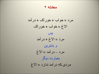 معادله  ۲ مرد  =  خواب  +  خوراک  +  درآمد الاغ  =  خواب  +  خوراک پس مرد  =  الاغ  +  درآمد و بنابرین مرد – درآمد  =  الا...