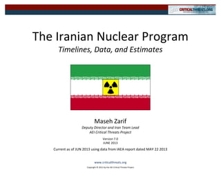 The Iranian Nuclear Program
Timelines, Data, and Estimates
Maseh Zarif
Deputy Director and Iran Team Lead
AEI Critical Threats Project
Current as of JUN 2013 using data from IAEA report dated MAY 22 2013
Copyright © 2013 by the AEI Critical Threats Project
Version 7.0
JUNE 2013
www.criticalthreats.org
 