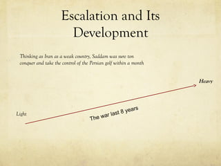 Escalation and Its
Development
Light
Heavy
Thinking as Iran as a weak country, Saddam was sure ton
conquer and take the control of the Persian golf within a month
The war last 8 years
 