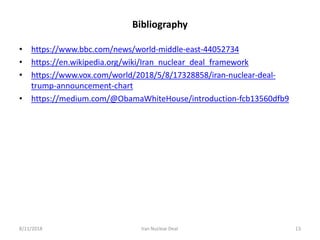 8/11/2018 Iran Nuclear Deal 13
Bibliography
• https://www.bbc.com/news/world-middle-east-44052734
• https://en.wikipedia.org/wiki/Iran_nuclear_deal_framework
• https://www.vox.com/world/2018/5/8/17328858/iran-nuclear-deal-
trump-announcement-chart
• https://medium.com/@ObamaWhiteHouse/introduction-fcb13560dfb9
 