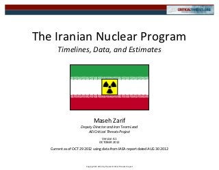 The Iranian Nuclear Program
       Timelines, Data, and Estimates




                                Maseh Zarif
                     Deputy Director and Iran Team Lead
                         AEI Critical Threats Project
                                       Version 4.1
                                      OCTOBER 2012
   Current as of OCT 29 2012 using data from IAEA report dated AUG 30 2012



                        Copyright © 2012 by the AEI Critical Threats Project
 