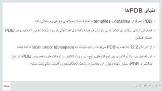 ‫ایران‬ ‫اوراکل‬ ‫کاربران‬ ‫هĬ
‫دنیای‬PDB‫ها‬
•PDB‫از‬ ‫صرفا‬datafiles‫و‬tempfiles‫تا‬ ‫شده‬ ‫ساخته‬‫آبجکتها‬‫ی‬‫خودش‬‫هندل‬ ‫رو‬‫ب‬‫کنه‬
•ً‫ا‬‫قطع‬‫این‬‫دیکشنری‬ ‫شامل‬‫ا‬‫ختصاصی‬‫خودش‬‫هم‬‫میشه‬‫اطالعاتی‬ ‫شامل‬ ‫که‬‫درباره‬‫که‬ ‫هایی‬‫آبجکت‬‫مخصوص‬PDB
‫هستش‬ ‫هستند‬
•‫از‬‫اوراکل‬12.2‫یه‬ ،‫بعد‬ ‫به‬PDB‫یه‬ ،‫بتونه‬ ‫باید‬ ‫و‬ ،‫تونه‬‫می‬local undo tablespace‫داشته‬‫باشه‬
•‫مخصوص‬ ‫های‬‫آبجکت‬ ‫و‬ ،‫کانتینر‬ ‫روت‬ ‫در‬ ،‫رایج‬ ‫های‬‫آبجکت‬ ‫بین‬ ‫دیکشنری‬ ‫دیتا‬ ‫بندی‬‫تقسیم‬ ‫این‬PDB‫دیتا‬ ‫در‬ ،
‫دیکشنری‬PDB‫میشه‬ ‫تننت‬‫مالتی‬ ‫قابلیت‬ ‫پذیری‬‫انعطاف‬ ‫باعث‬ ‫جداسازی‬ ‫این‬ ‫چون‬ ،‫مهمه‬ ‫بسیار‬ ،
 