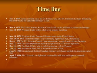 Time line Nov 4, 1979  Iranian militants seize the US Embassy and take 66 Americans hostage, demanding that the US send the deposed Shah back to Iran. Nov 9, 1979  The United Nations Security Council calls on the militants to release the hostages.  Nov 12, 1979  President Carter orders a halt to oil imports from Iran. Nov 14, 1979  President Carter freezes all Iranian assets in the United States.  Nov 19-20, 1979  Thirteen hostages, five women and eight black men, are released.  Dec 4, 1979  The UN Security Council votes unanimously to urge Iran to free the hostages.  Dec 12, 1979  The State Department orders the expulsion of 183 Iranian diplomats.  Dec 15, 1979  The Shah flies to what is called temporary exile in Panama.  Jan 25, 1980  Abolhassan Bani-Sadr is elected President of Iran.  Jan 29, 1980  It is disclosed that the Canadian Embassy in Teheran spirited six Americans out of Iran.  April 7, 1980  The US breaks its diplomatic relationship with Iran and imposes economic sanctions.    