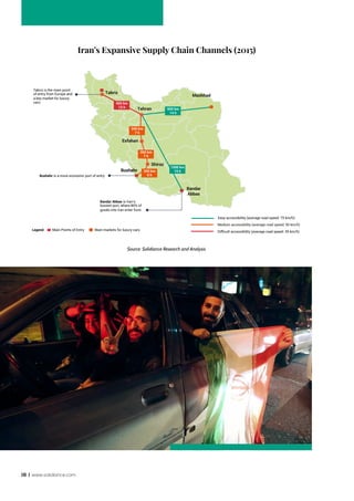 16 | www.solidiance.com
Tehran
Bandar
Abbas
Tabriz
Easy accessibility (average road speed: 75 km/h)
Medium accessibility (average road speed: 50 km/h)
Bushehr
Mashhad
Esfahan
Shiraz
Difﬁcult accessibility (average road speed: 35 km/h)
360 km
7 h
340 km
7 h
300 km
6 h
450 km
13 h 900 km
14 h
1500 km
19 h
Legend: Main Points of Entry Main markets for luxury cars
Tabriz is the main point
of entry from Europe and
a key market for luxury
cars
Bushehr is a more economic port of entry
Bandar Abbas is Iran’s
busiest port, where 80% of
goods into Iran enter from.
Iran’s Expansive Supply Chain Channels (2015)
Source: Solidiance Research and Analysis
 