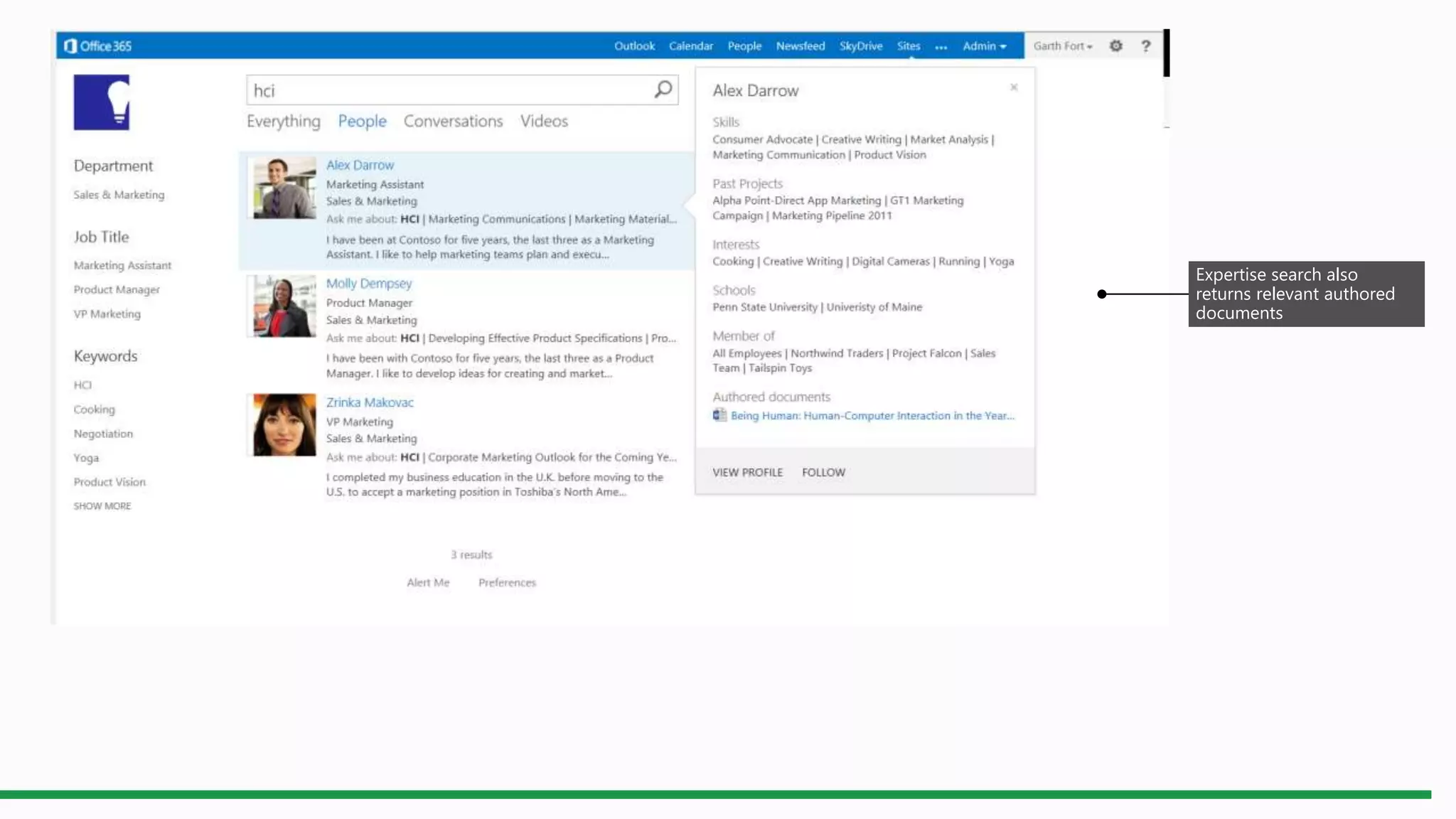 Expertise search also
returns relevant authored
documents
 