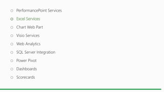 o PerformancePoint Services
o Chart Web Part
o Visio Services
o Web Analytics
o SQL Server Integration
o Power Pivot
o Dashboards
o Scorecards
 