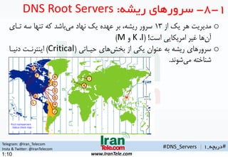 Telegram: @Iran_Telecom
Insta & Twitter: @IranTelecom
www.IranTele.com
#‫دریچه‬_1
o‫از‬ ‫یک‬ ‫هر‬ ‫مدیریت‬1۳‫ته‬ ‫سه‬ ‫تنها‬ ‫که‬ ‫باشد‬‫می‬ ‫نهاد‬ ‫یک‬ ‫عهده‬ ‫بر‬ ،‫ریشه‬ ‫سرور‬‫ای‬
‫است‬ ‫امریکایی‬ ‫غیر‬ ‫ها‬‫آن‬( !I،K‫و‬M)
o‫حیهاتی‬ ‫های‬‫بخش‬ ‫از‬ ‫یکی‬ ‫عنوان‬ ‫به‬ ‫ریشه‬ ‫سرورهای‬(Critical)‫دنیها‬ ‫اینترنهت‬
‫شوند‬‫می‬ ‫شناخته‬.
1-8-‫ریشه‬ ‫سرورهای‬:DNS Root Servers
#DNS_Servers |
1:10
 