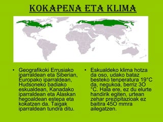 Kokapena eta klima Geografikoki Errusiako iparraldean eta Siberian, Europako iparraldean, Hudsoneko badiako eskualdean, Kanadako iparraldean eta Alaskan hegoaldean estepa eta kokatzen da. Taigak iparraldean tundra ditu.  Eskualdeko klima hotza da oso, udako bataz besteko tenperatura 19°C da, negukoa, berriz 3O°C. Hala ere, ez du elurte handirik egiten, urtean zehar prezipitazioak ez baitira 45O mmra ailegatzen. 