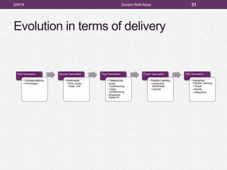 Evolution in terms of delivery
6/9/14 Zoraini Wati Abas 31
First Generation
• Correspondence
• Print-based
Second Generation
• Multimedia
• Print, Audio,
Video, CAI
Third Generation
• Telelearning
• Audio
Conferencing,
• Video
Conferencing,
• Broadcast
Radio/TV
Fourth Generation
• Flexible Learning
• Interactive
Multimedia
• Internet
Fifth Generation
• Interactive
Flexible Learning
• Virtual
• Mobile
• Ubiquitous
 