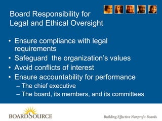 Board Responsibility for
Legal and Ethical Oversight
• Ensure compliance with legal
requirements
• Safeguard the organization’s values
• Avoid conflicts of interest
• Ensure accountability for performance
– The chief executive
– The board, its members, and its committees
 