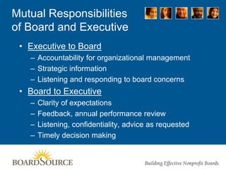 Mutual Responsibilities
of Board and Executive
• Executive to Board
– Accountability for organizational management
– Strategic information
– Listening and responding to board concerns
• Board to Executive
– Clarity of expectations
– Feedback, annual performance review
– Listening, confidentiality, advice as requested
– Timely decision making
 