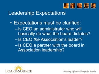 Leadership Expectations
• Expectations must be clarified:
–Is CEO an administrator who will
basically do what the board dictates?
–Is CEO the Association’s leader?
–Is CEO a partner with the board in
Association leadership?
 