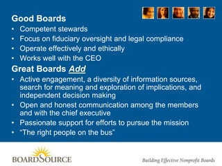 Good Boards
• Competent stewards
• Focus on fiduciary oversight and legal compliance
• Operate effectively and ethically
• Works well with the CEO
Great Boards Add
• Active engagement, a diversity of information sources,
search for meaning and exploration of implications, and
independent decision making
• Open and honest communication among the members
and with the chief executive
• Passionate support for efforts to pursue the mission
• “The right people on the bus”
 