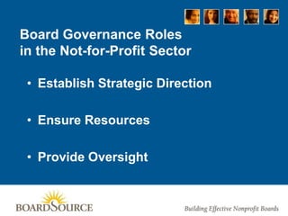 Board Governance Roles
in the Not-for-Profit Sector
• Establish Strategic Direction
• Ensure Resources
• Provide Oversight
 