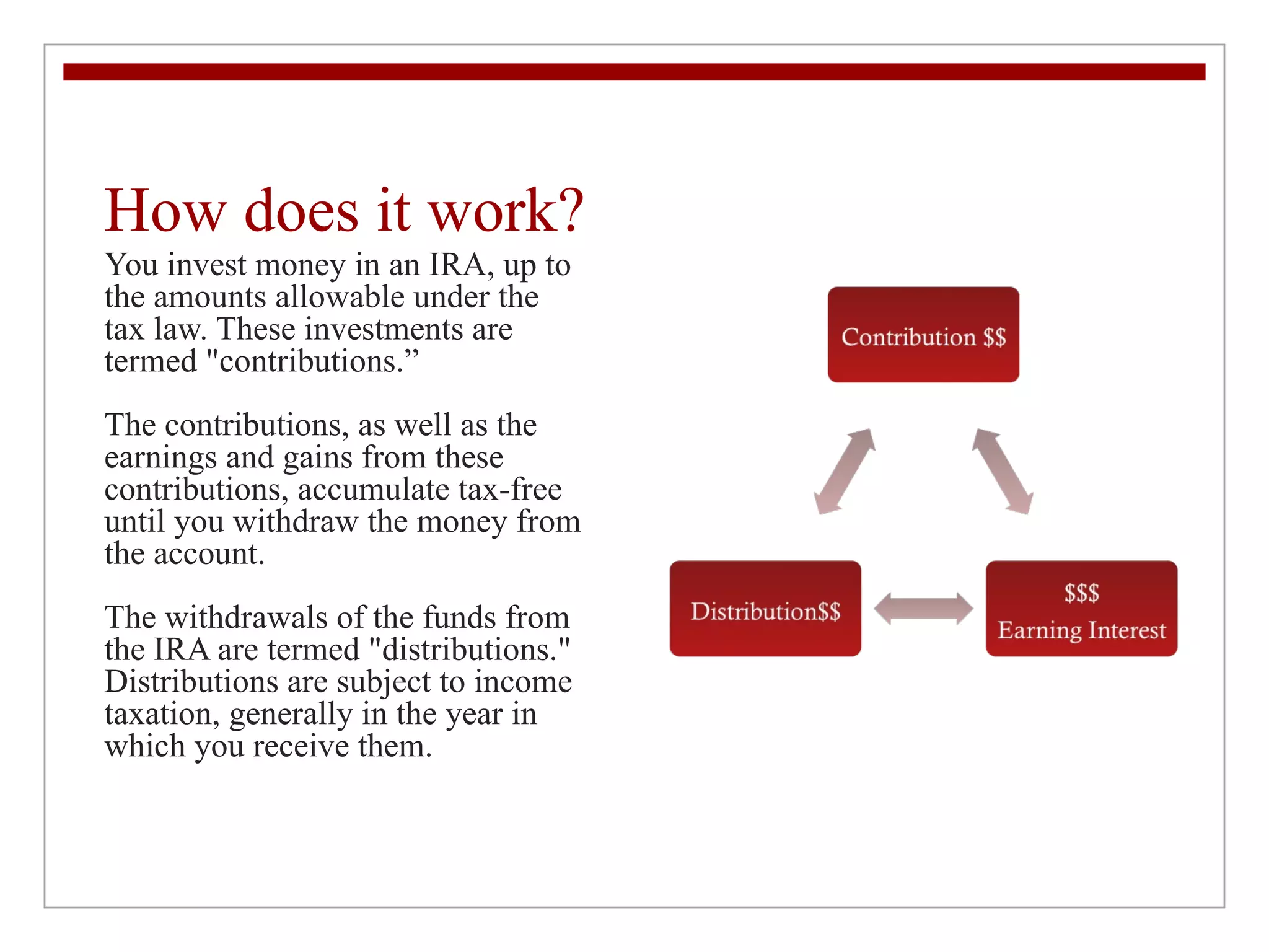 How does it work? You invest money in an IRA, up to the amounts allowable under the tax law. These investments are termed "contributions.” The contributions, as well as the earnings and gains from these contributions, accumulate tax-free until you withdraw the money from the account. The withdrawals of the funds from the IRA are termed "distributions." Distributions are subject to income taxation, generally in the year in which you receive them. 