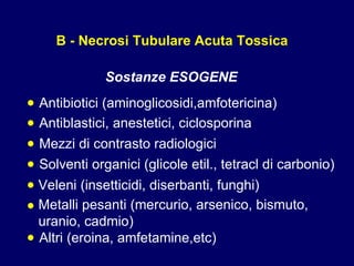 B - Necrosi Tubulare Acuta Tossica Sostanze ESOGENE • Antibiotici (aminoglicosidi,amfotericina) • Antiblastici, anestetici, ciclosporina • Mezzi di contrasto radiologici • Solventi organici (glicole etil., tetracl di carbonio) • Veleni (insetticidi, diserbanti, funghi) • Metalli pesanti (mercurio, arsenico, bismuto, uranio, cadmio) • Altri (eroina, amfetamine,etc) 