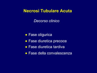 Necrosi Tubulare Acuta Decorso clinico • Fase oligurica • Fase diuretica precoce • Fase diuretica tardiva • Fase della convalescenza 