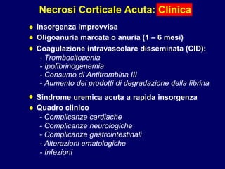 Necrosi Corticale Acuta: Clinica Insorgenza improvvisa Oligoanuria marcata o anuria (1 – 6 mesi) • • Sindrome uremica acuta a rapida insorgenza  • Quadro clinico - Infezioni - Complicanze cardiache - Complicanze neurologiche - Complicanze gastrointestinali - Alterazioni ematologiche • Coagulazione intravascolare disseminata (CID): • - Trombocitopenia - Ipofibrinogenemia - Consumo di Antitrombina III - Aumento dei prodotti di degradazione della fibrina 