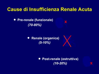 Cause di Insufficienza Renale Acuta • (70-80%) x Post-renale (ostruttiva)  • (10-20%) Renale (organica)   • (5-10%) x Pre-renale (funzionale) 