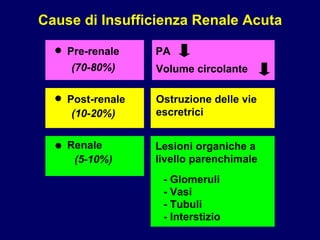 Cause di Insufficienza Renale Acuta Pre-renale  • PA Volume   circolante (70-80%) Post-renale  • (10-20%) Ostruzione delle vie escretrici Renale  • (5-10%) Lesioni organiche a  livello parenchimale - Glomeruli  - Vasi - Tubuli - Interstizio 