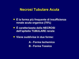 Necrosi Tubulare Acuta • È  la forma più frequente di insufficienza  renale acuta organica (70%) • È  caratterizzata dalla NECROSI  dell’epitelio TUBULARE renale • Viene suddivisa in due forme: A - Forma Ischemica B - Forma Tossica 
