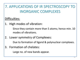 7. APPLICATIONS OF IR SPECTROSCOPY TO
INORGANIC COMPLEXES
Difficulties:
1. High modes of vibration:
Since they contain more than 5 atoms; hence min. 10
modes of vibrations.
2. Lower symmetry of Complexes:
Due to formation of ligand & polynuclear complexes.
3. Formation of chelates:
Large no. of new bands appear.
15
 