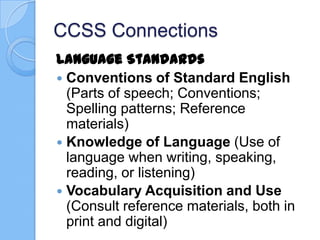 CCSS Connections
Language Standards
 Conventions of Standard English
(Parts of speech; Conventions;
Spelling patterns; Reference
materials)
 Knowledge of Language (Use of
language when writing, speaking,
reading, or listening)
 Vocabulary Acquisition and Use
(Consult reference materials, both in
print and digital)
 