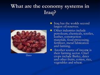 What are the economy systems in Iraq? Iraq has the worlds second largest oil reserves. Other industries include petroleum, chemicals, textiles, leather, construction materials, food processing, fertilizer, metal fabrication and farming. Another source of income is their farming sector. Chief crops include Barley, dates and other fruits, cotton, rice, vegetables and wheat. Dates 