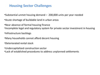 Housing Sector Challenges
•Substantial unmet housing demand – 200,000 units per year needed
•Acute shortage of buildable land in urban areas
•Near absence of formal housing finance
•Incomplete legal and regulatory system for private sector investment in housing
•Infrastructure backlogs
•Many households cannot afford decent housing
•Deteriorated rental stock
•Undercapitalized construction sector
•Lack of established procedures to address unplanned settlements

 