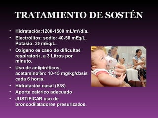 TRATAMIENTO DE SOSTÉN Hidratación:1200-1500 mL/m ² /día. Electrólitos: sodio: 40-50 mEq/L, Potasio: 30 mEq/L. Oxígeno en caso de dificultad respiratoria, a 3 Litros por minuto. Uso de antipiréticos, acetaminofén: 10-15 mg/kg/dosis cada 6 horas. Hidratación nasal (S/S) Aporte calórico adecuado JUSTIFICAR uso de broncodilatadores presurizados. 