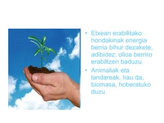 • Etxean erabilitako
hondakinak energia
berria bihur dezakete,
adibidez: olioa berriro
erabiltzen baduzu.
• Animaliak eta
landareak, hau da,
biomasa, hoberatuko
duzu.
 