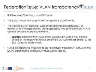 Federation issue: VLAN transparency
•

IRATI requires VLAN tags as a DIF name

•

The iLab.t virtual wall uses VLANs to separate experiments.

•

The central switch does not support double tagging (802.1ad), all
frames with Ethertype 0x8100 are dropped by the central switch. VLANs
cannot be used inside experiments.
– Solution: patched the linux kernels (version 3.9.6) and NIC device
drivers of the machines to use Ethertype 0x7100 instead of 0x8100 for
802.1Q traffic inside vwall.

•

Need an additional machine to do “Ethertype translation” between the
i2CAT Experimenta and iLab.t virtual wall testbeds.

Investigating RINA as an Alternative to TCP/IP

12

 