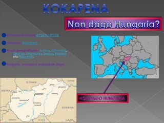 Altitudea-latitudea:47°26′N 19°15′E

Hiriburua: Budapest.

Muga geografikoak: Austria, Eslovakia,
   Ukraina, Errumania, Serbia, Kroazia
   eta Eslovenia.

Hungaria europako erdialdean dago.
 