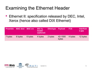 Examining the Ethernet Header
 Ethernet II: specification released by DEC, Intel,
Xerox (hence also called DIX Ethernet)
Preamble

MAC dest

MAC src

802.1q
header
(optional)

Ethertype

Payload

FCS

Interfram
e gap

7 bytes

6 bytes

6 bytes

4 bytes

2 bytes

42-1500
bytes

4 bytes

12 bytes

15/10/13

6

 