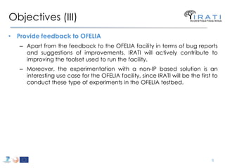 Objectives (III)
• Provide feedback to OFELIA
– Apart from the feedback to the OFELIA facility in terms of bug reports
and suggestions of improvements, IRATI will actively contribute to
improving the toolset used to run the facility.
– Moreover, the experimentation with a non-IP based solution is an
interesting use case for the OFELIA facility, since IRATI will be the first to
conduct these type of experiments in the OFELIA testbed.

6

 