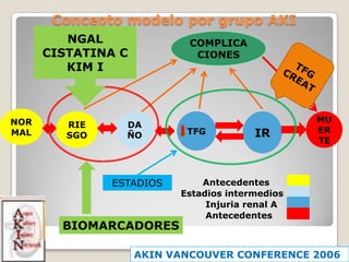 Concepto modelo por grupo AKI
         NGAL               COMPLICA
      CISTATINA C            CIONES
         KIM I



NOR                                              MU
         RIE     DA
MAL                        TFG          IR       ER
         SGO     ÑO
                                                 TE



               ESTADIOS       Antecedentes
                          Estadios intermedios
                               Injuria renal A
                               Antecedentes
        BIOMARCADORES

                    AKIN VANCOUVER CONFERENCE 2006
 