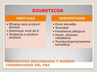 DIURETICOS
      VENTAJAS                 DESVENTAJAS
• Eficaces para producir   • Dosis elevadas
  diuresis                 • Toxicidad
• Disminuye nivel de K     • Fenómenos alérgicos
• Tendencia a producir     • HipoK, Alcalosis
  alcalosis                  metabólica
                           • Trombocitopenia/anemia
                             hemolítica




PREVENCION SECUNDARIA Y MANEJO
CONSERVADOR DEL FRA
 