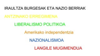 IRAULTZA BURGESAK ETA NAZIO BERRIAK
ANTZINAKO ERREGIMENA
LIBERALISMO POLITIKOA
Amerikako independentzia
NAZIONALISMOA
LANGILE MUGIMENDUA
 