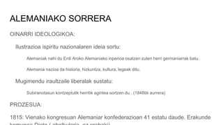 ALEMANIAKO SORRERA
OINARRI IDEOLOGIKOA:
Ilustrazioa ispiritu nazionalaren ideia sortu:
Alemaniak nahi du Erdi Aroko Alemaniako inperioa osatzen zuten herri germaniarrak batu.
Alemania nazioa da historia, hizkuntza, kultura, legeak ditu.
Mugimendu iraultzaile liberalak sustatu:
Subiranotasun kontzeptutik herritik agintea sortzen du , (1848tik aurrera)
PROZESUA:
1815: Vienako kongresuan Alemaniar konfederazioan 41 estatu daude. Erakunde
 