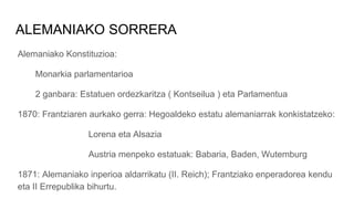 ALEMANIAKO SORRERA
Alemaniako Konstituzioa:
Monarkia parlamentarioa
2 ganbara: Estatuen ordezkaritza ( Kontseilua ) eta Parlamentua
1870: Frantziaren aurkako gerra: Hegoaldeko estatu alemaniarrak konkistatzeko:
Lorena eta Alsazia
Austria menpeko estatuak: Babaria, Baden, Wutemburg
1871: Alemaniako inperioa aldarrikatu (II. Reich); Frantziako enperadorea kendu
eta II Errepublika bihurtu.
 