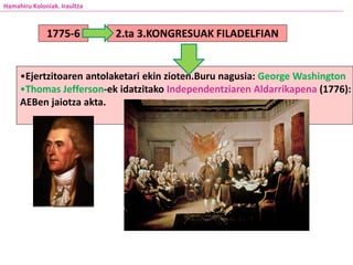 •Ejertzitoaren antolaketari ekin zioten.Buru nagusia: George Washington
•Thomas Jefferson-ek idatzitako Independentziaren Aldarrikapena (1776):
AEBen jaiotza akta.
Hamahiru Koloniak. Iraultza
1775-6 2.ta 3.KONGRESUAK FILADELFIAN
 