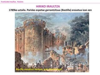 Bastilla mendean hartzea, Jean-Pierre Houel
HIRIKO IRAULTZA
1789ko uztaila. Parisko espetxe garrantzitsua (Bastilla) erasotua izan zen
Frantziako Iraultza. Hasiera
 