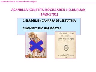 ASANBLEA KONSTITUZIOGILEAREN HELBURUAK
(1789-1791)
1.ERREGIMEN ZAHARRA DEUSEZTATZEA
2.KONSTITUZIO BAT IDAZTEA
Frantziako Iraultza. Asanblea Konstituziogilea
 