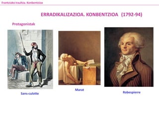 Protagonistak
Sans-culotte
Marat
Robespierre
ERRADIKALIZAZIOA. KONBENTZIOA
Frantziako Iraultza. Konbentzioa
(1792-94)
 